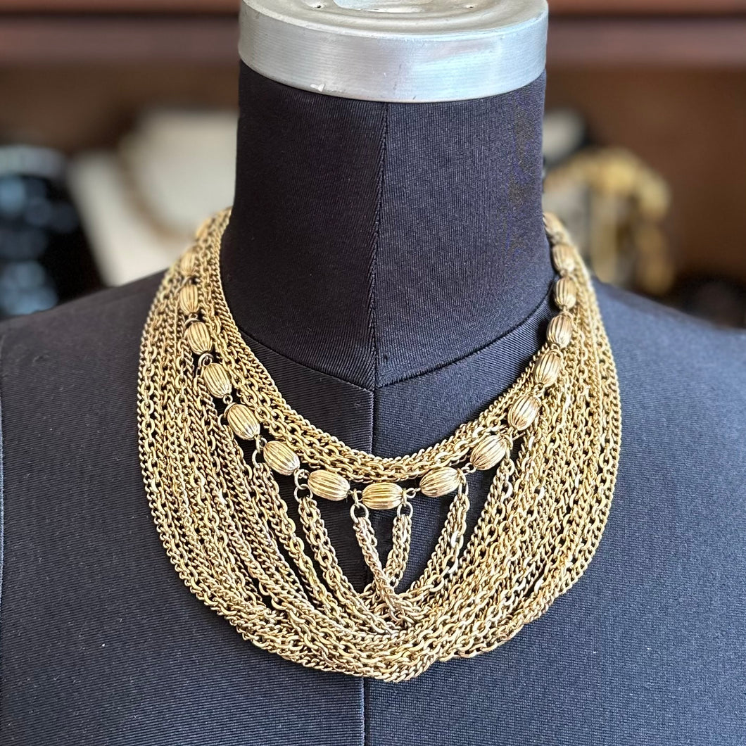 Vintage Midcentury Gold Tone Multi Strand Chain Statement Necklace