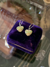 Load image into Gallery viewer, Signed GIVENCHY Gold Tone Lime Green &amp; Clear Crystal Rhinestone Heart Dangle Earrings
