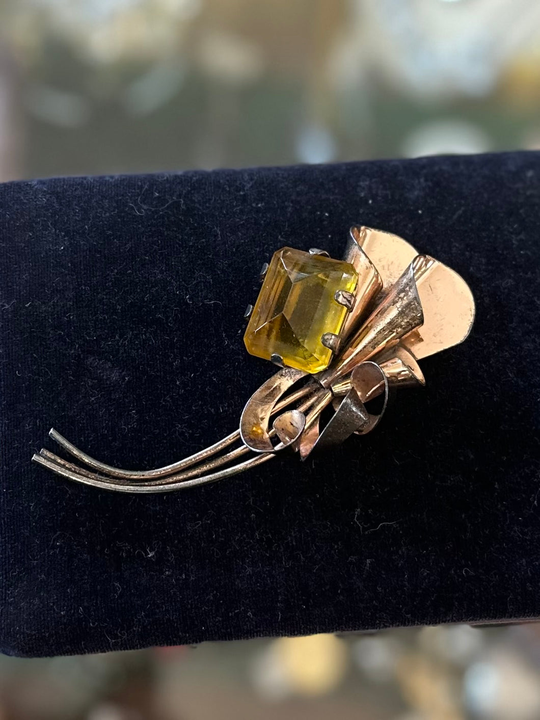 Vintage 1940s Signed BROOKRAFT Rose Gold Sterling Silver Faceted Yellow Topaz Glass Rhinestone Statement Brooch