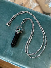 Load image into Gallery viewer, Vintage Sterling Silver &amp; Black Onyx Faceted Pointed Tower Green Rhinestone Pendant Necklace 20”
