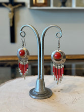 Load image into Gallery viewer, Vintage Southwestern Sterling Silver and Genuine Coral Beaded Fringe Dangle Drop Earrings Native American Style
