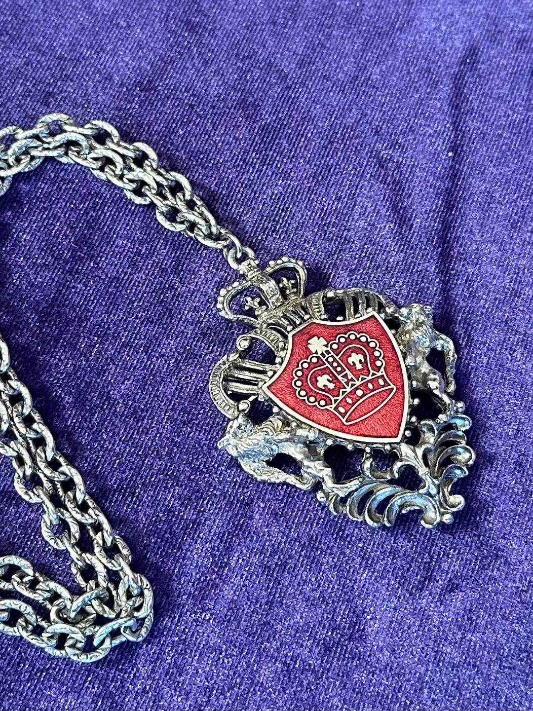 Vintage Midcentury Statement Lion Coat of Arms Shield Crown Silver Tone & Red Enamel Pendant Necklace 18.25”