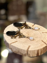 Load image into Gallery viewer, Vintage 1950s Signed Tricia’s Sterling Silver Gold Plated Faceted Black Onyx &amp; Pearl Art Nouveau Revival Calla Lily Dangle Drop Earrings
