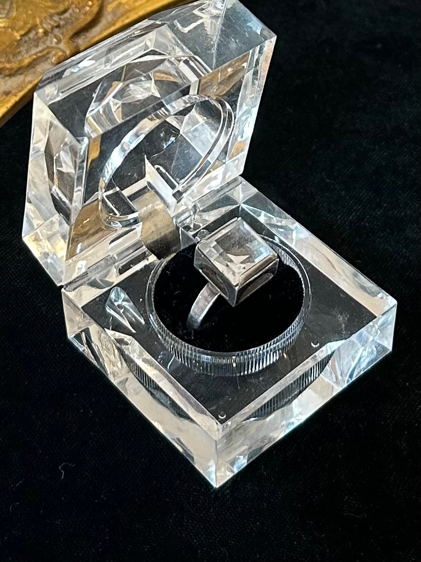 Vintage Signed Hallmarked BEH Bengt Hallberg Swedish Sterling Silver Faceted Rock Crystal Square Modernist Ring Adjustable