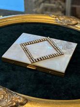 Load image into Gallery viewer, Vintage 1950s Midcentury New Old Stock MARHILL Mother of Pearl Rhinestone Jewelled Gold Tone Cigarette Case Compact
