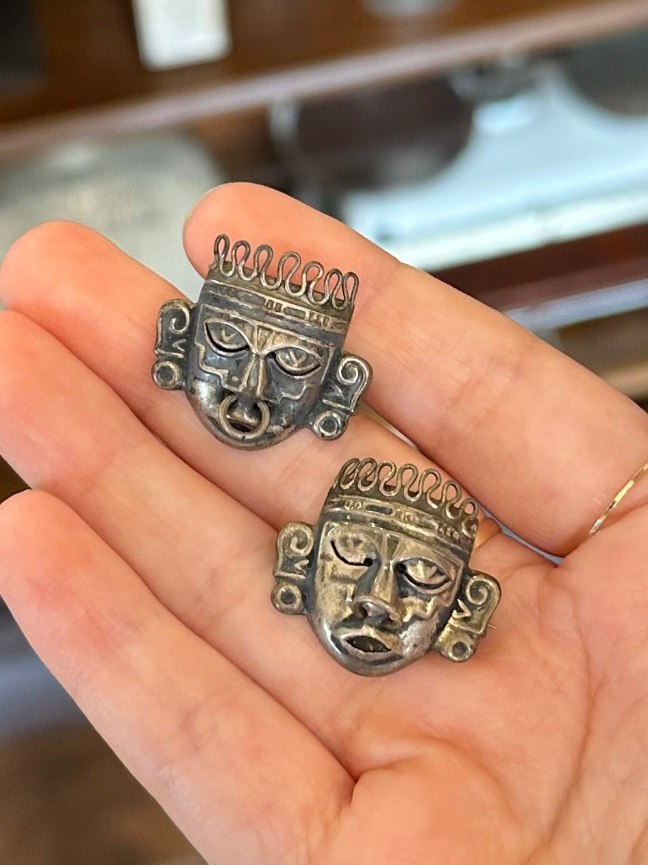 Pair of Vintage 1960s Midcentury Pre Columbian Mexican Sterling