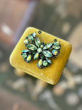 Load image into Gallery viewer, Vintage Signed REGENCY Green &amp; Aurora Borealis Faceted Rhinestone Butterfly Brooch Midcentury
