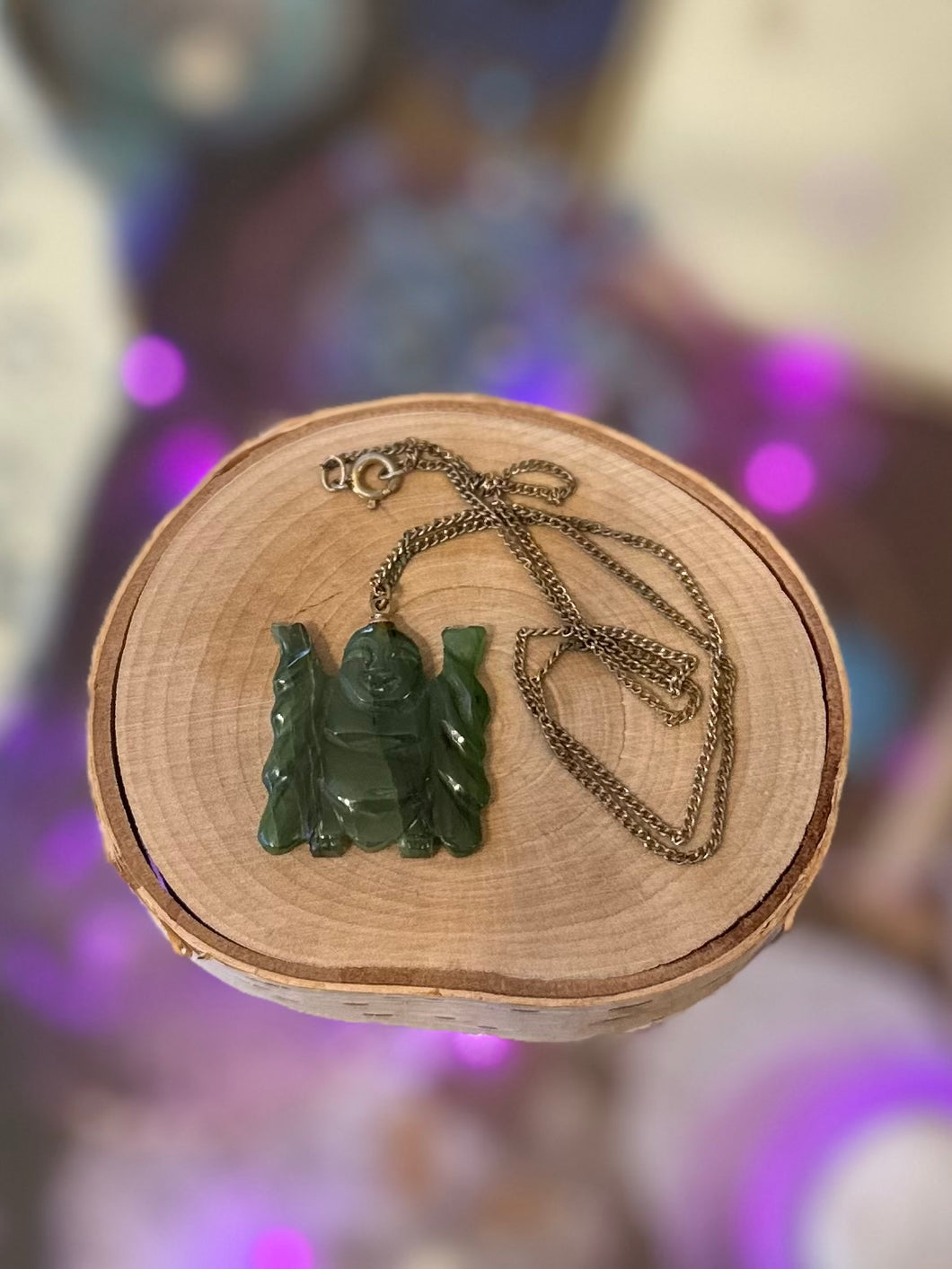 Vintage Flat Green Jade Carved Buddha Pendant Charm Necklace Chain 18