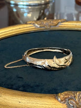 Load image into Gallery viewer, Vintage Midcentury Textured Gold Tone Wave Motif Hinged Bangle Bracelet Unsigned
