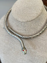 Load image into Gallery viewer, Vintage Midcentury Silver Tone &amp; Red Rhinestone Eyes Snake Coil Choker Necklace Adjustable
