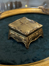 Load image into Gallery viewer, Antique Art Nouveau Gold Gilt Brass Footed Jewelry Trinket Box or Rosary Case Religious Cross | Silk Lined
