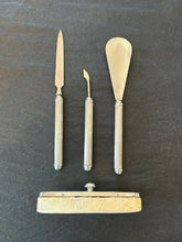 Load image into Gallery viewer, Antique Vintage 1920s 1930s Art Deco Mint Green Full Vanity 10 Piece Set | Includes Hand Mirror, Brush, Nail Tools, Perfume Bottles &amp; More!
