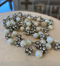 Load image into Gallery viewer, Signed Jonne Vintage Pearl &amp; Roundell Rhinestone Bead Necklace Schraeger 48&quot;
