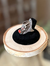 Load image into Gallery viewer, Vintage Sterling Silver Chinese Dragon Head Genuine Coral Statement Ring US Size 8 1/2
