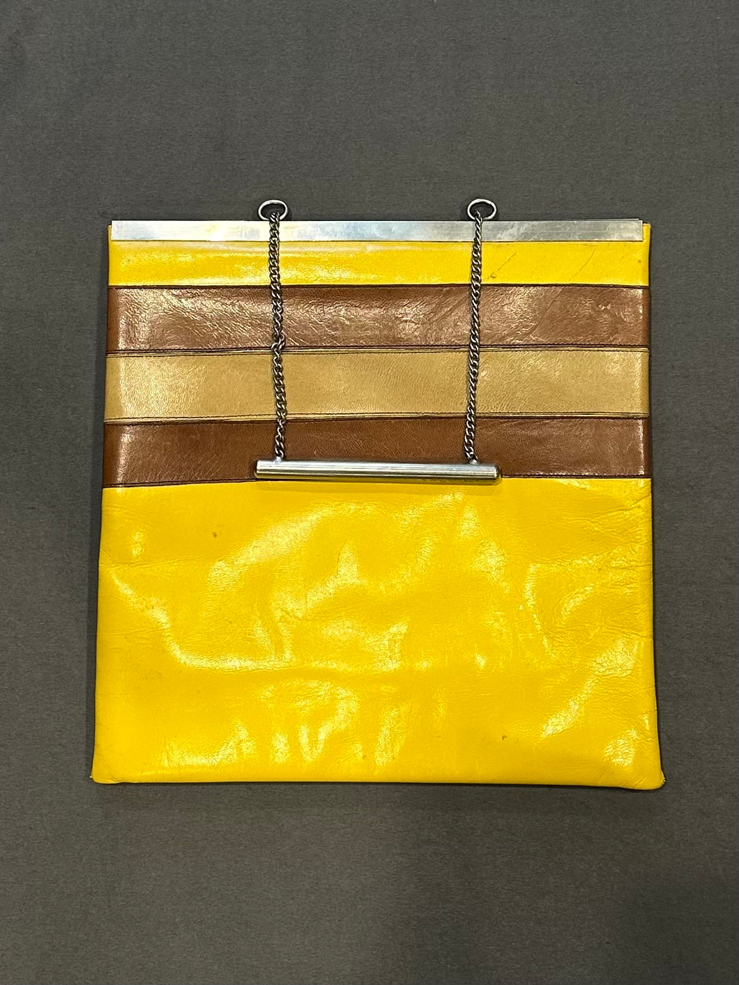 Vintage 1990s Granello Italy Yellow & Brown Striped Modernist Purse Silver Tone Bar Chain Handle