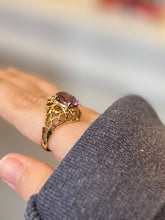 Load image into Gallery viewer, Vintage Hallmarked Fessenden &amp; Co. Ornate Gold Plated Faceted Faux Amethyst Cocktail Ring US Size 7 1/4
