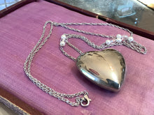 Load image into Gallery viewer, Silver tone puffy heart necklace, vintage parts and beads
