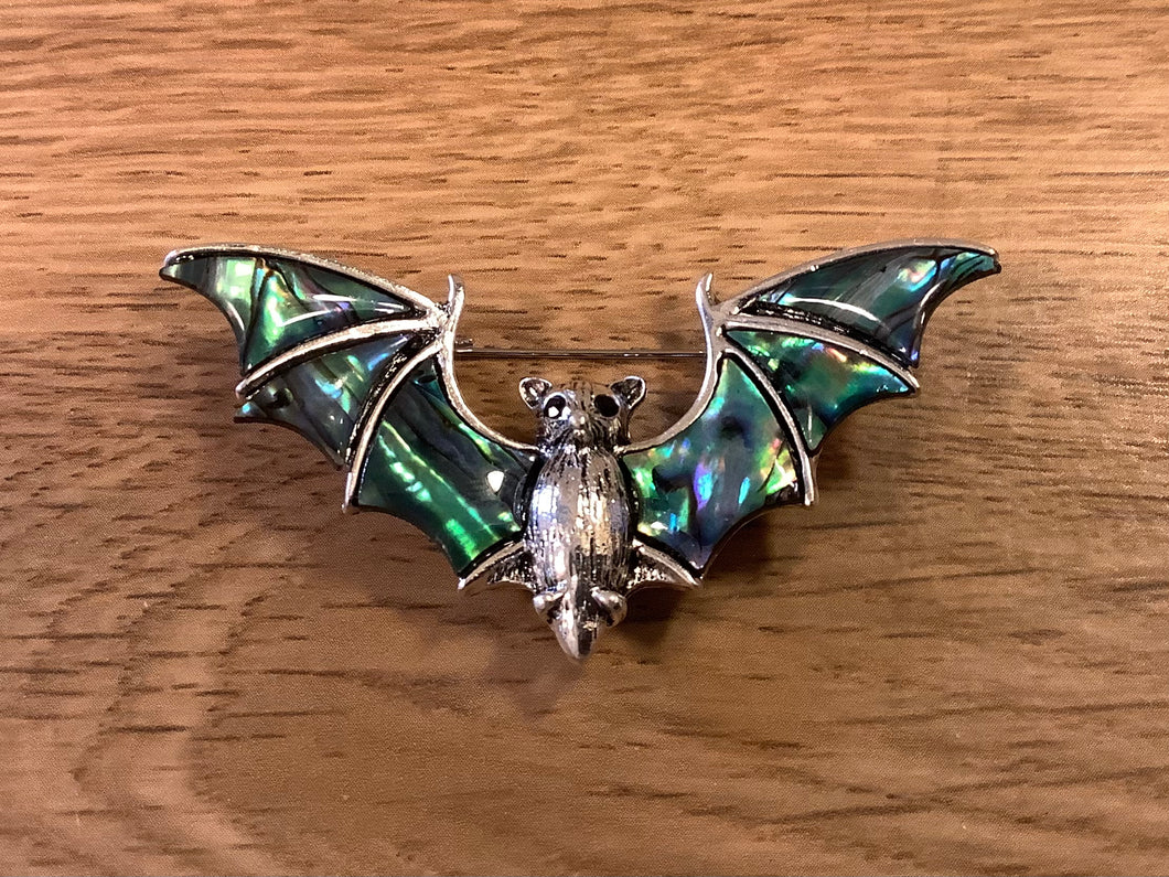 Silver tone & Abalone Bat Pin & Pendant