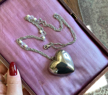 Load image into Gallery viewer, Silver tone puffy heart necklace, vintage parts and beads
