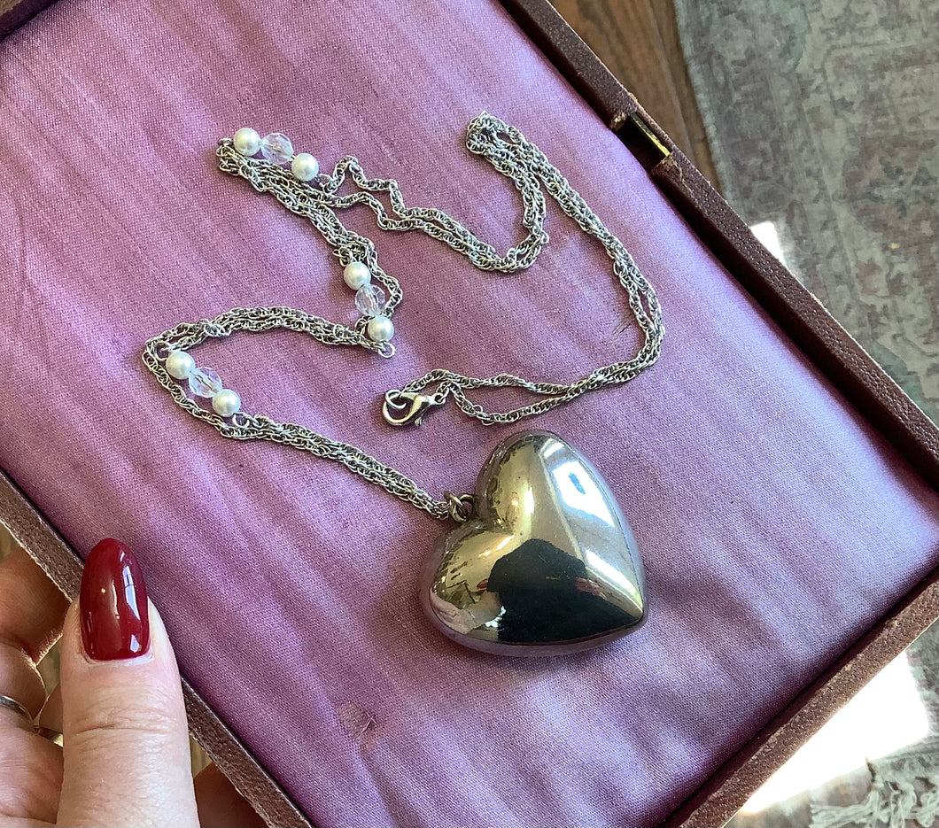 Silver tone puffy heart necklace, vintage parts and beads