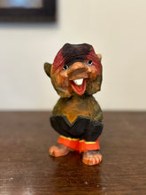 Load image into Gallery viewer, Vintage 1960s Henning Norway Signed Scandinavian Hand Carved Hand Painted Set of 3 Wooden Trolls with Wood Display Stand
