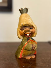 Load image into Gallery viewer, Vintage 1960s Henning Norway Signed Scandinavian Hand Carved Hand Painted Set of 3 Wooden Trolls with Wood Display Stand
