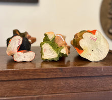Load image into Gallery viewer, Vintage 1960s Henning Norway Signed Scandinavian Hand Carved Hand Painted Set of 3 Wooden Trolls with Wood Display Stand
