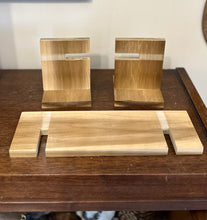 Load image into Gallery viewer, Vintage 1960s Henning Norway Signed Scandinavian Hand Carved Hand Painted Set of 3 Wooden Trolls with Wood Display Stand
