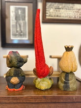 Load image into Gallery viewer, Vintage 1960s Henning Norway Signed Scandinavian Hand Carved Hand Painted Set of 3 Wooden Trolls with Wood Display Stand
