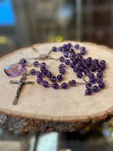 Load image into Gallery viewer, Vintage Genuine Amethyst &amp; Sterling Silver Rosary AFCO with Faceted Jesus Intaglio
