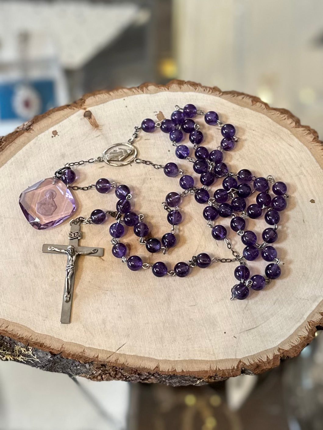Vintage Genuine Amethyst & Sterling Silver Rosary AFCO with Faceted Jesus Intaglio