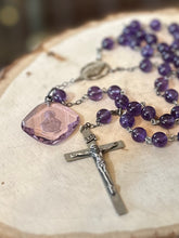 Load image into Gallery viewer, Vintage Genuine Amethyst &amp; Sterling Silver Rosary AFCO with Faceted Jesus Intaglio
