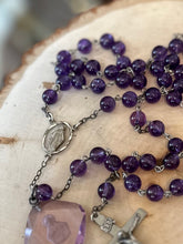 Load image into Gallery viewer, Vintage Genuine Amethyst &amp; Sterling Silver Rosary AFCO with Faceted Jesus Intaglio
