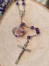Load image into Gallery viewer, Vintage Genuine Amethyst &amp; Sterling Silver Rosary AFCO with Faceted Jesus Intaglio
