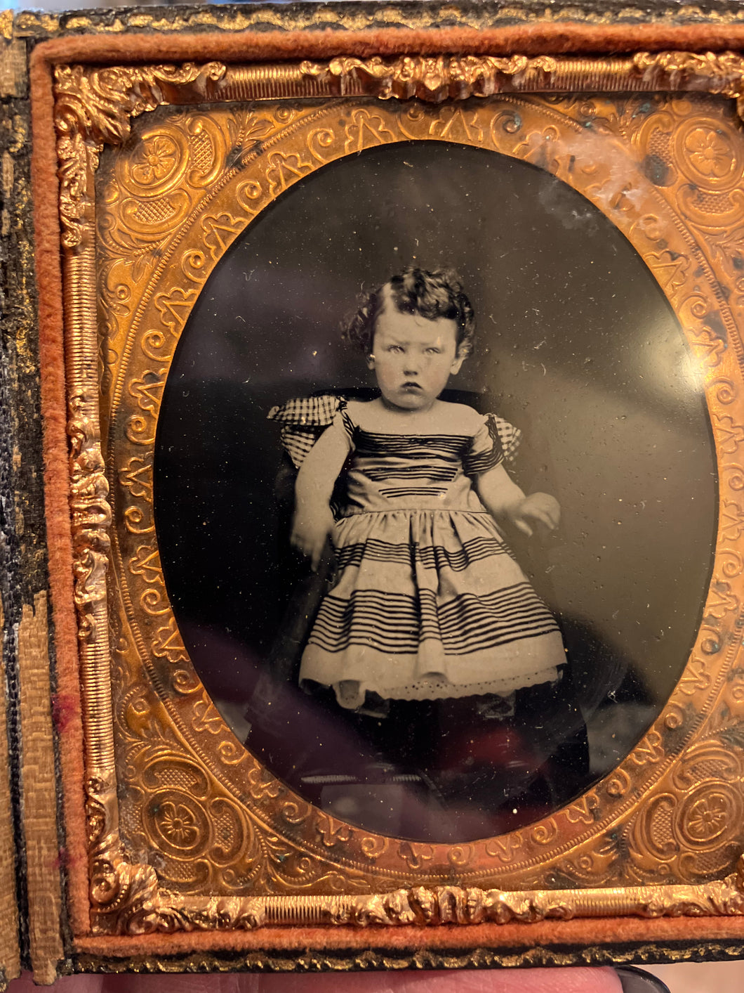 Antique Child Daguerreotype Ambrotype Leather Case Burgundy Velvet Child Little Girl Photograph Portrait