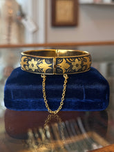 Load image into Gallery viewer, Vintage Black &amp; Gold Tone Damascene Bird and Floral Hinged Bangle Maiden Bracelet
