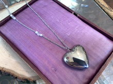 Load image into Gallery viewer, Silver tone puffy heart necklace, vintage parts and beads
