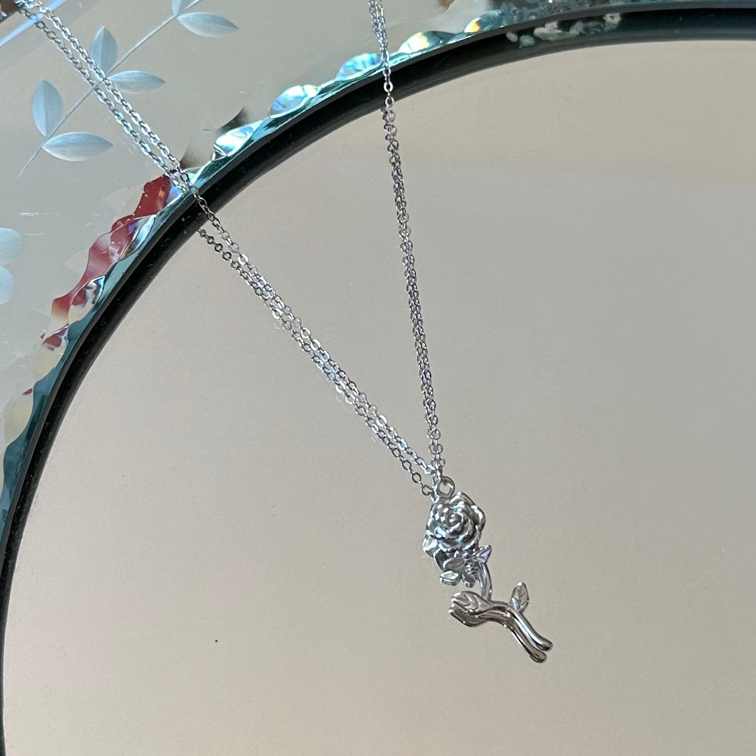 Sterling Silver Long Stem Rose Pendant Necklace | Silver or Gold Plated