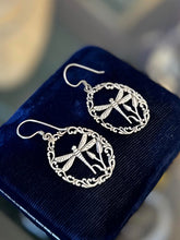 Load image into Gallery viewer, Vintage Sterling Silver Filigree Oval Dragonfly Dangle Earrings
