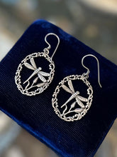 Load image into Gallery viewer, Vintage Sterling Silver Filigree Oval Dragonfly Dangle Earrings

