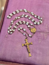Load image into Gallery viewer, Art Deco XXX Triple Plated Gold Tone Iridescent White Rosary Beads Crucifix 18"
