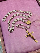 Load image into Gallery viewer, Art Deco XXX Triple Plated Gold Tone Iridescent White Rosary Beads Crucifix 18"
