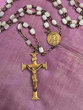 Load image into Gallery viewer, Art Deco XXX Triple Plated Gold Tone Iridescent White Rosary Beads Crucifix 18"
