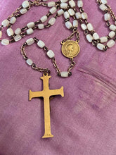 Load image into Gallery viewer, Art Deco XXX Triple Plated Gold Tone Iridescent White Rosary Beads Crucifix 18"
