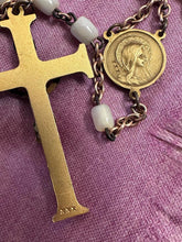 Load image into Gallery viewer, Art Deco XXX Triple Plated Gold Tone Iridescent White Rosary Beads Crucifix 18"

