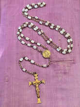 Load image into Gallery viewer, Art Deco XXX Triple Plated Gold Tone Iridescent White Rosary Beads Crucifix 18"
