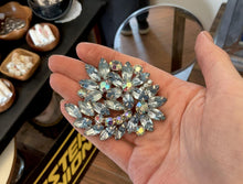 Load image into Gallery viewer, Vintage Midcentury Light Blue Aurora Borealis Faceted Navette Rhinestone Brooch
