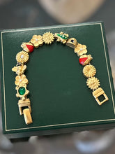 Load image into Gallery viewer, Vintage Brushed Gold Tone Slider Charm Floral Insect Frog Celestial Bracelet 7"
