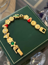Load image into Gallery viewer, Vintage Brushed Gold Tone Slider Charm Floral Insect Frog Celestial Bracelet 7"
