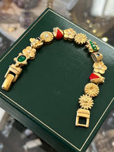 Load image into Gallery viewer, Vintage Brushed Gold Tone Slider Charm Floral Insect Frog Celestial Bracelet 7"
